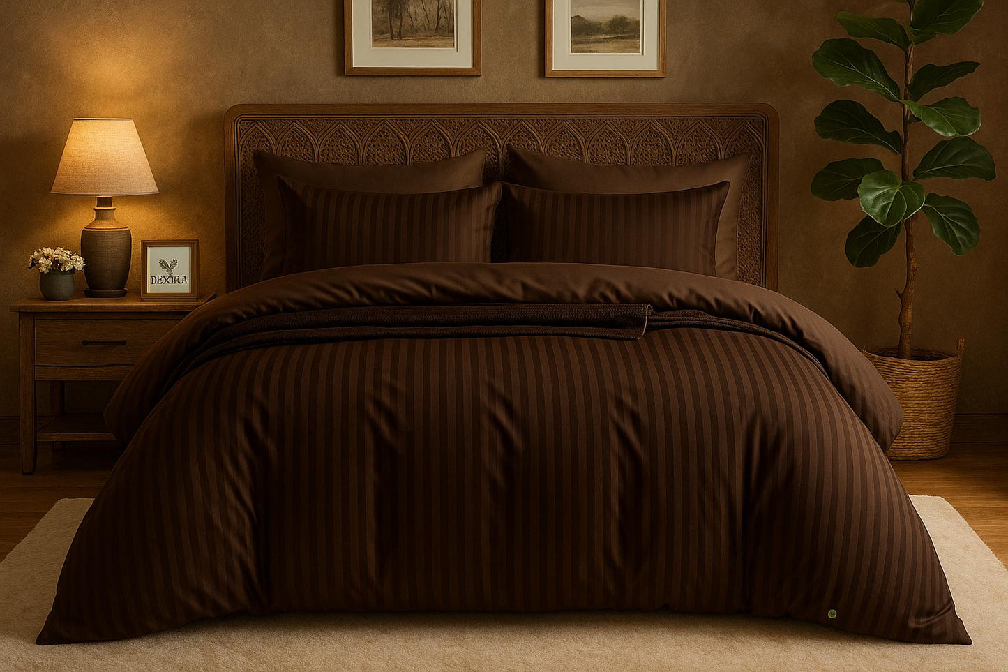 Premium Striped Satin Finish Bedsheet Set – 3 Piece (1 Bedsheet + 2 Pillow Covers) – Brown, Full Size