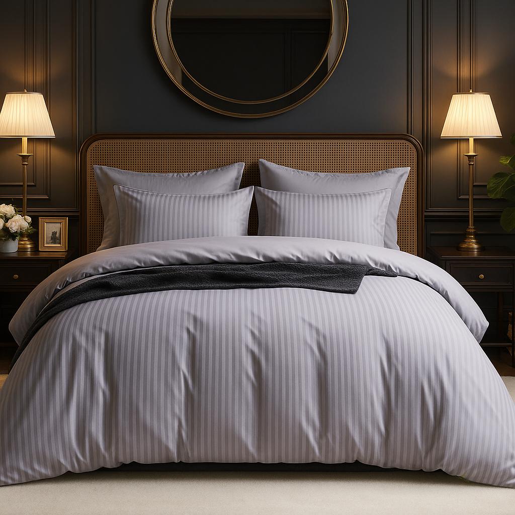 Premium Striped Satin Finish Bedsheet Set – 3 Piece (1 Bedsheet + 2 Pillow Covers) – Grey, Full Size