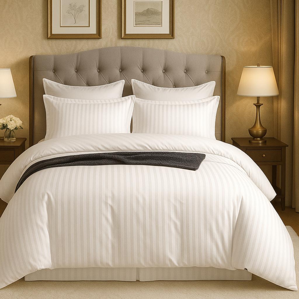 Premium Striped Satin Finish Bedsheet Set – 3 Piece (1 Bedsheet + 2 Pillow Covers) – White, Full Size