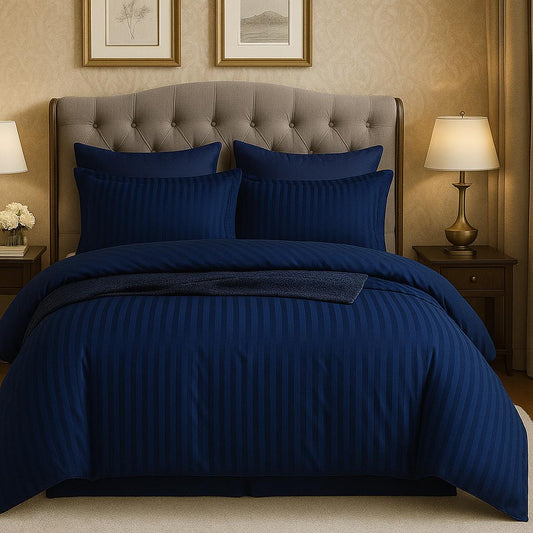 Premium Striped Satin Finish Bedsheet Set – 3 Piece (1 Bedsheet + 2 Pillow Covers) – Blue, Full Size
